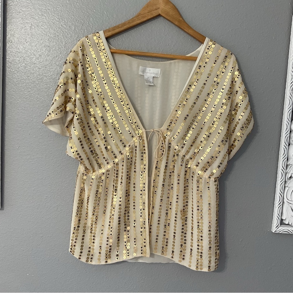 Soft Surroundings Womens Top Lined Front Tie Ivory Gold Sequins Silk XS T134